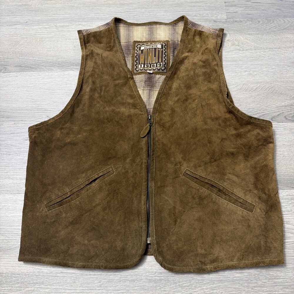 Authentic Winlit Vintage Suede Brown Leather Zip Up Western Vest Size Small